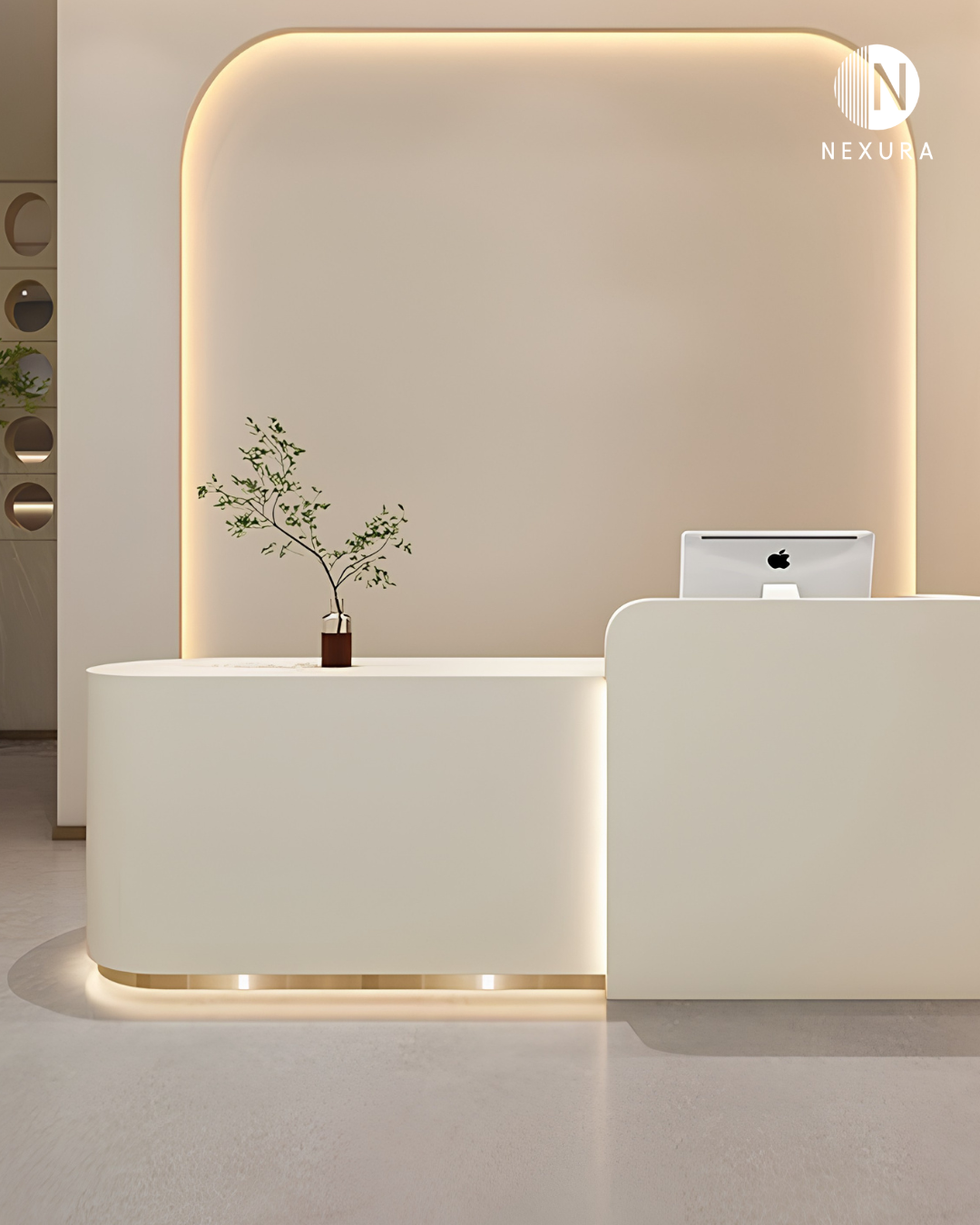 Meja resepsionis custom design solid surface lobi kantor Tanjung Bunga