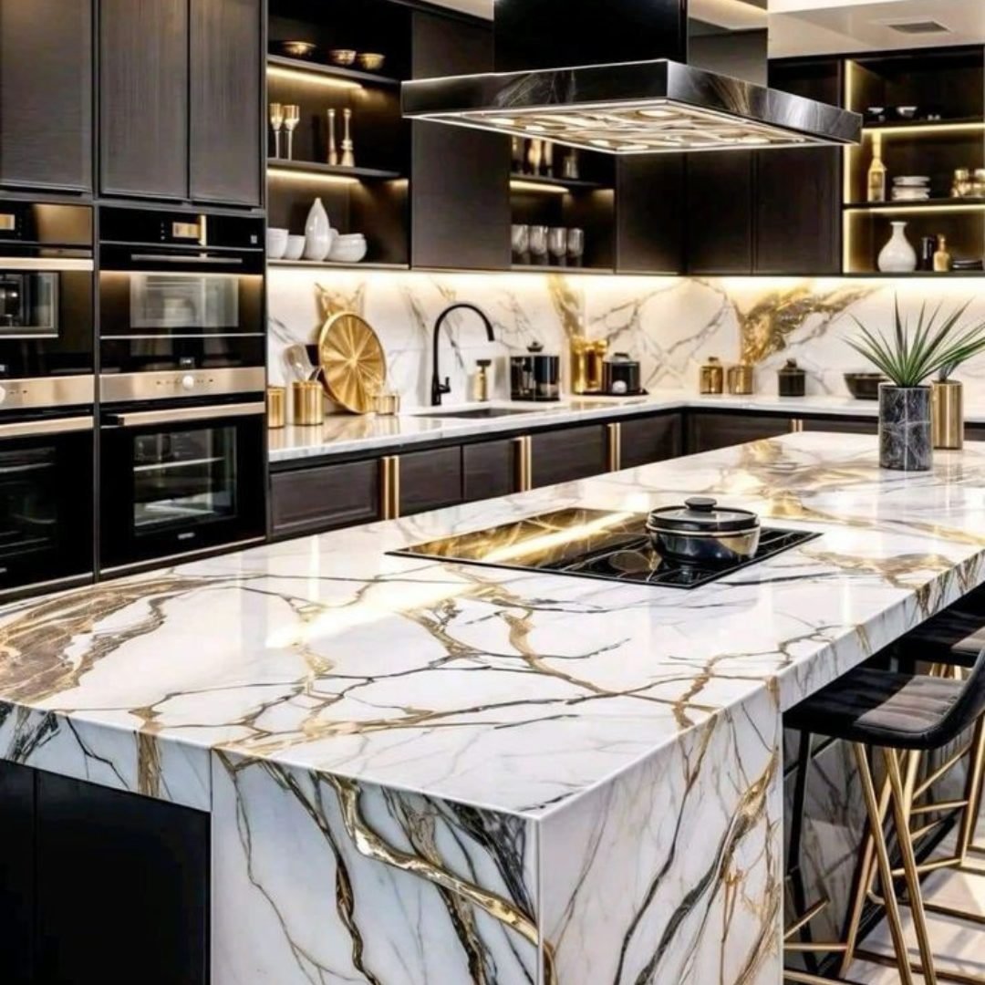 Kitchen island solid surface motif marmer